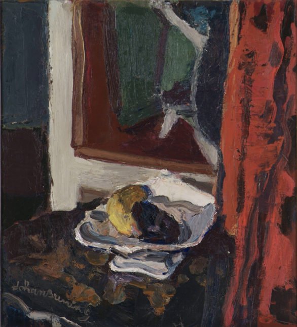 Johan Buning, Stilleven met rode doek, 1960, olieverf op doek, Museum Henriette Polak, topstuk, topstukken, Musea Zutphen, Hof van Heeckeren