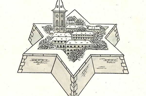 Een tekening van Theresienstadt, een concentratiecamp en getto in Tsjechië, afgebeeld als een vestingstad omringd door een muur in de vorm van de Jodenster.