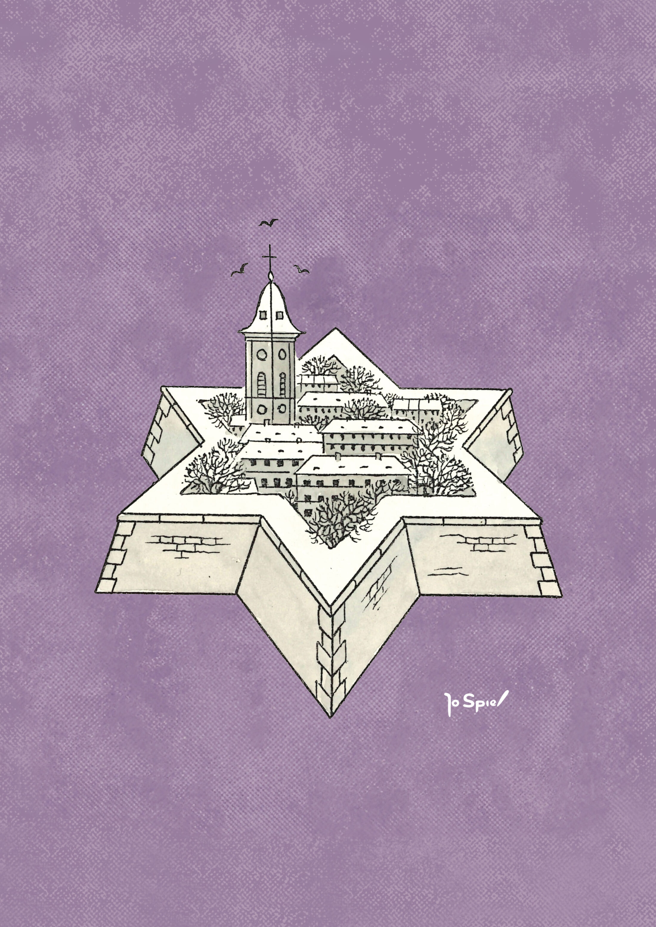 Jo Spier, gestileerde tekening van Theresienstadt.